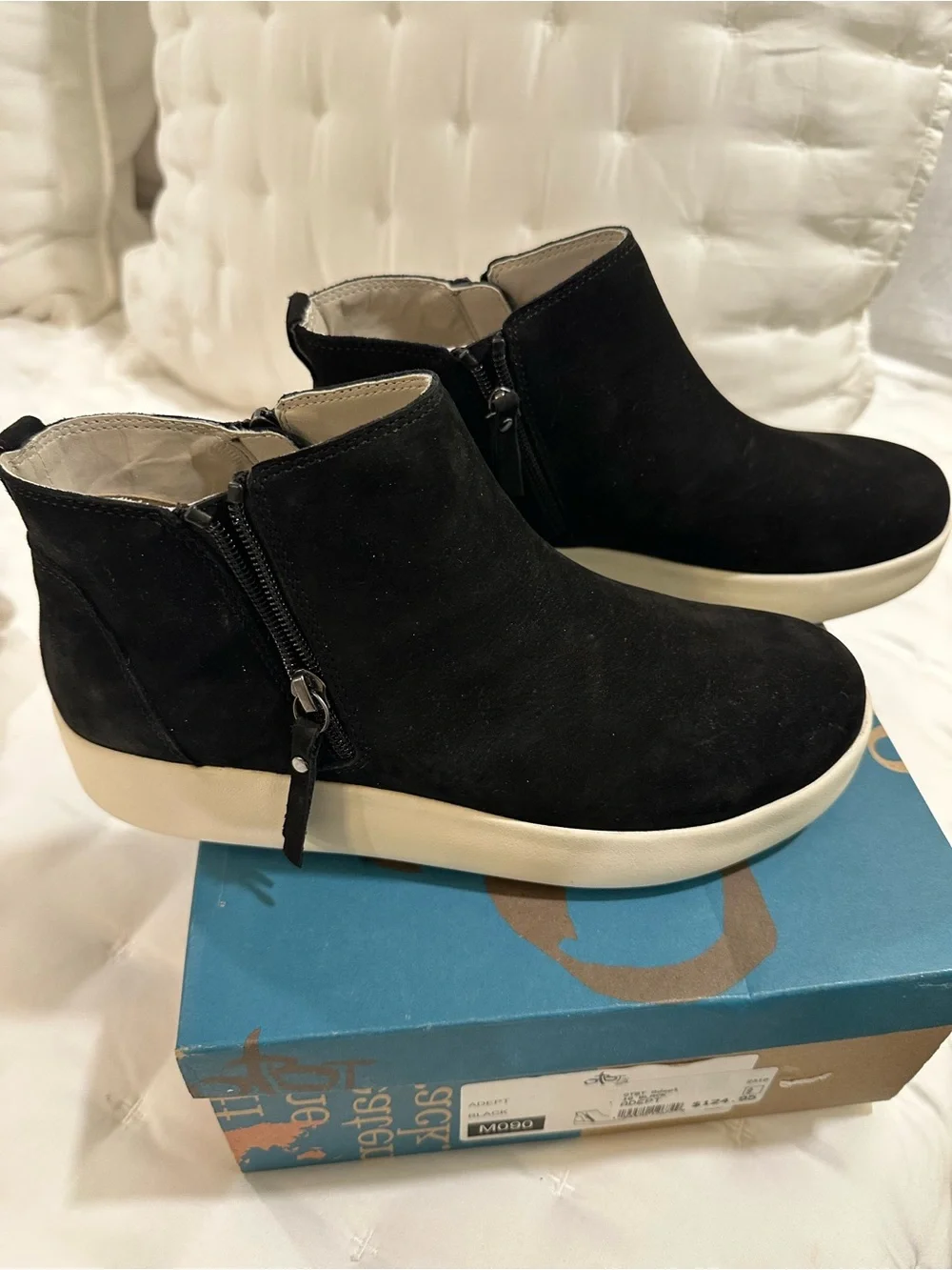 OTBT Black Suede Wedge Ankle Booties with Cream Sole